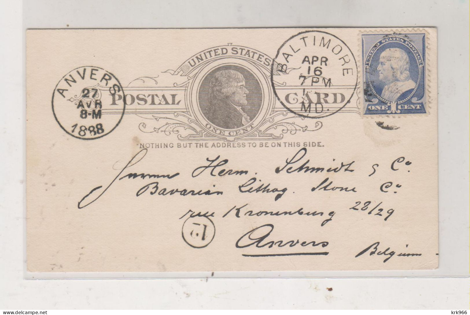 UNITED STATES 1888 BALTIMORE Postal Stationery To Belgium - ...-1900