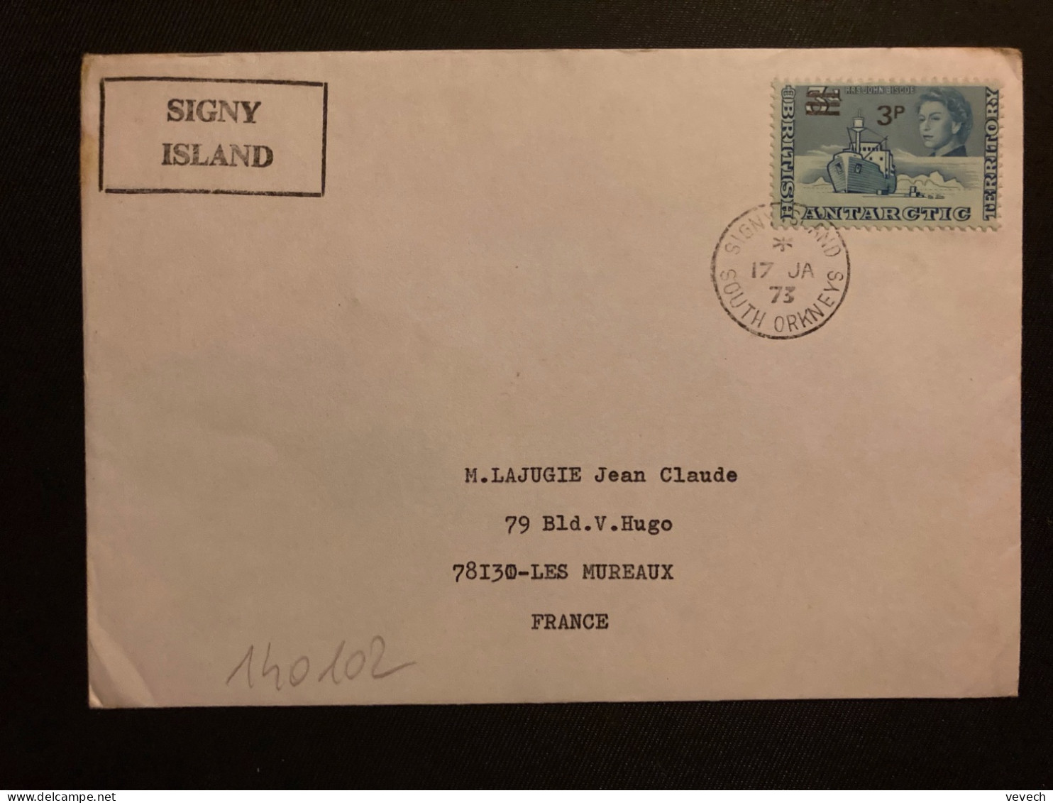 LETTRE SIGNY ISLAND TP RRS JOHN BISCOE 3d Surch.3p OBL.17 JA  73 SIGNY ISLAND SOUTH ORKNEYS - Lettres & Documents