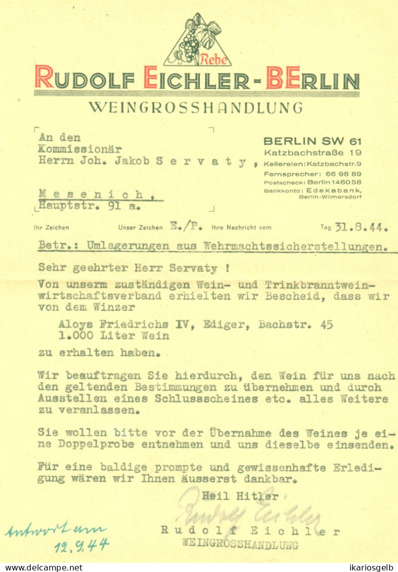 BERLIN 1944 Deko Farbige Rechnung " Weinhandlung Eichler Katzbachstr.19" Mit Wehrmachtsbestellung - Alimentare