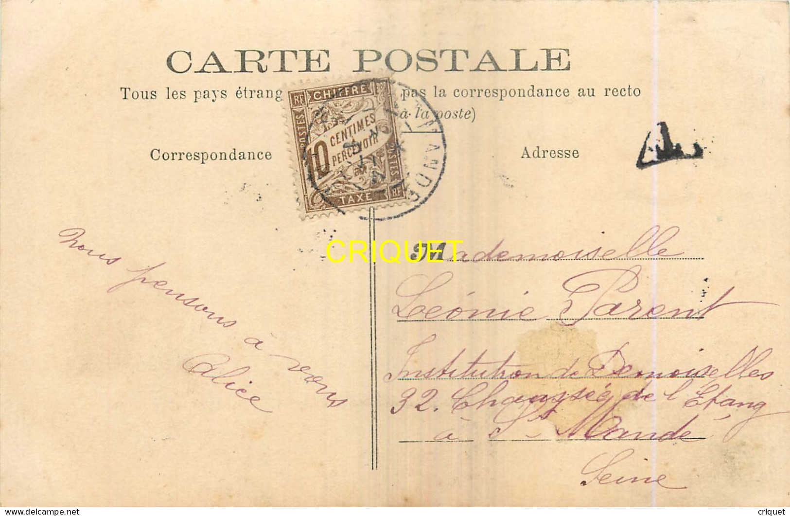 94 Le Plessis-Trevise, Avenue Gonzalve, Maison Indiquée ..., Carte Colorisée, Verso Taxé - Le Plessis Trevise