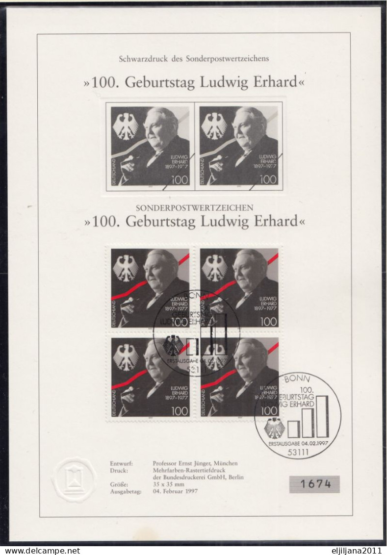 Action !! SALE !! 50 % OFF !! ⁕ Germany 1997 ⁕ 100th Birthday Ludwig Erhard ⁕ FDC Sheet S/s BLACKPRINT - 1991-2000