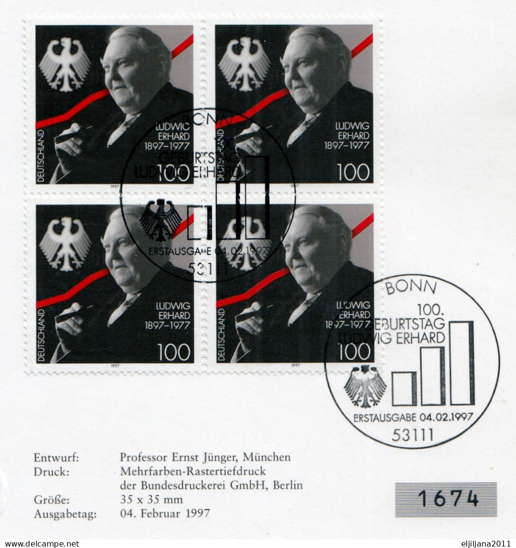 Action !! SALE !! 50 % OFF !! ⁕ Germany 1997 ⁕ 100th Birthday Ludwig Erhard ⁕ FDC Sheet S/s BLACKPRINT - 1991-2000