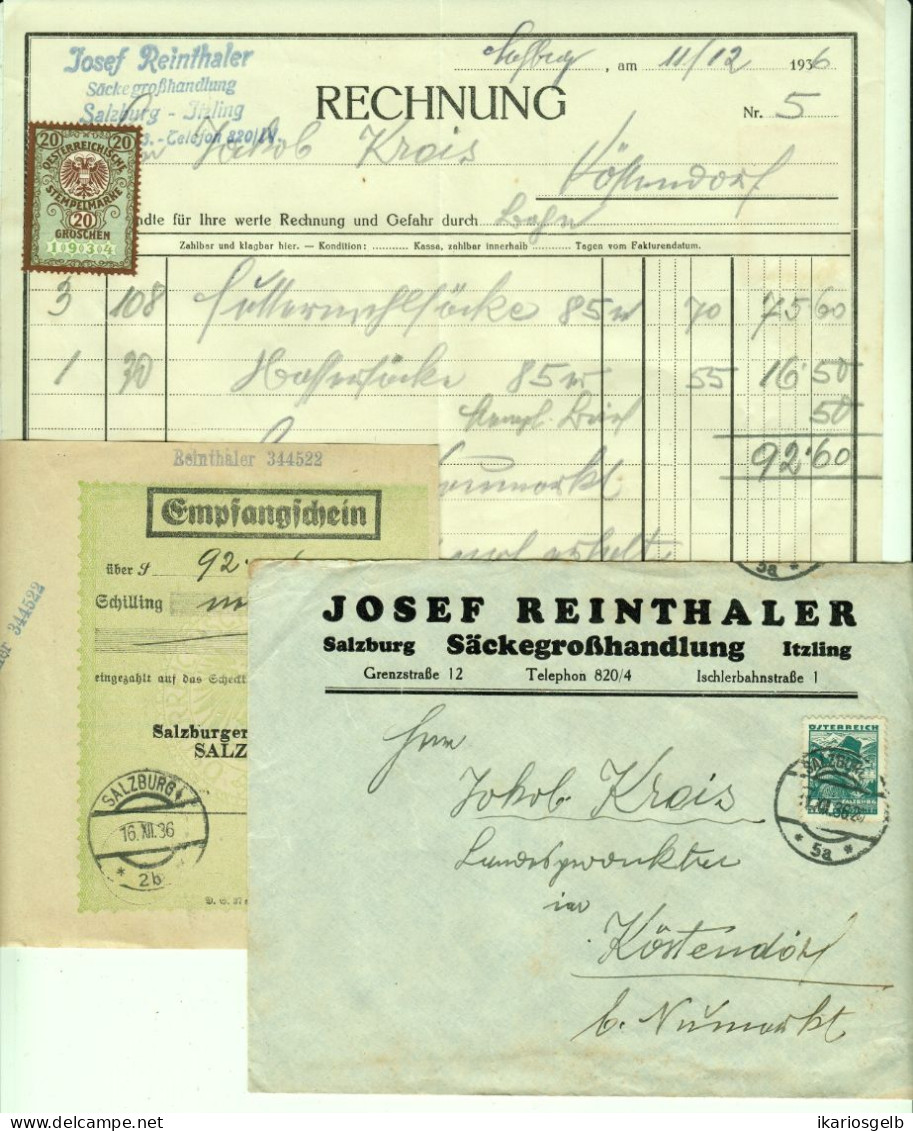 Österreich ITZLING Salzburg 1936 Rechnung +Fiskalmarke+Versandcouvert+PostEmpfangsschein Fa Säckegroßhandlung Reintaler - Oostenrijk
