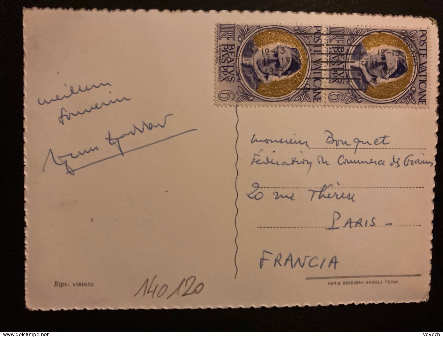 CP ROMA Pour La FRANCE TP BEATVS PIVS PPX 6 Paire OBL.MEC.14 IV 1953 - Cartas & Documentos