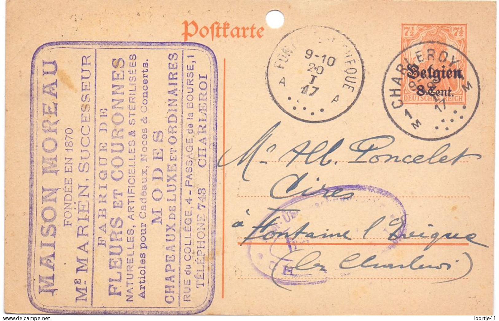 Briefkaart Carte Postale - Maison Moreau , Charleroi à Fontaine L'Eveque - 1917 - Deutsche Besatzung