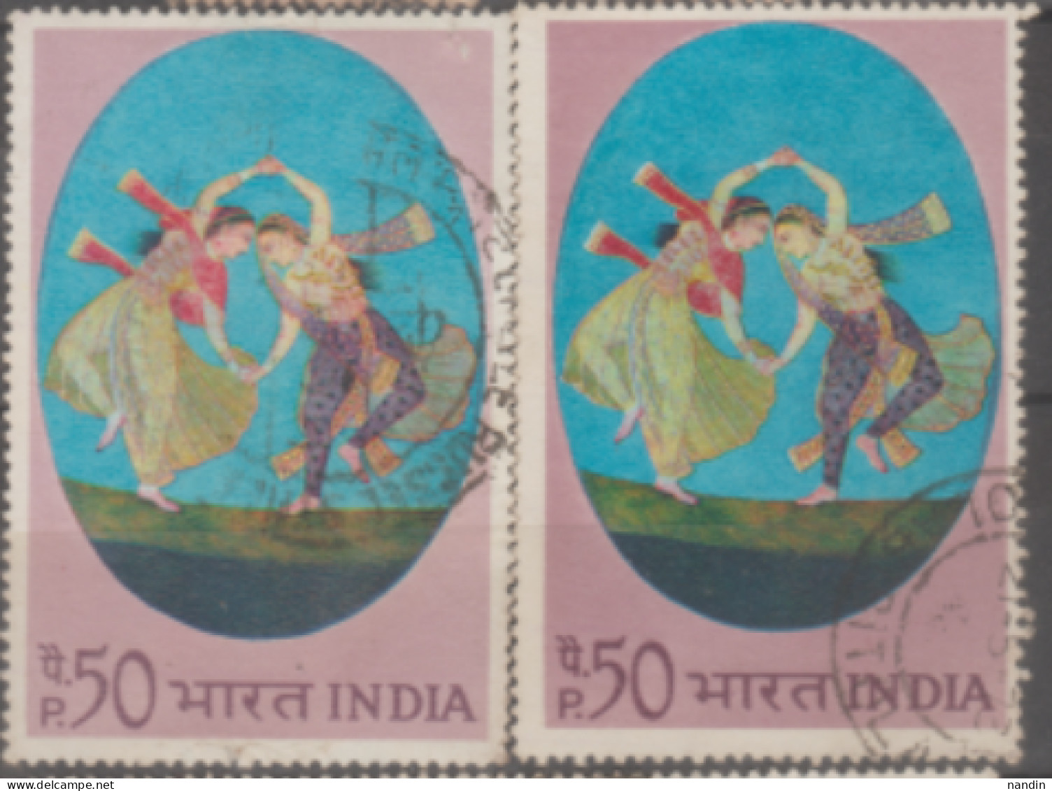 INDIA USED STAMP IN TWO DIFFERENT SHADES ON MINIATURE PAINTING/ KATHAK DANCE DUET (Aurangzeb's Period) - Collections, Lots & Series