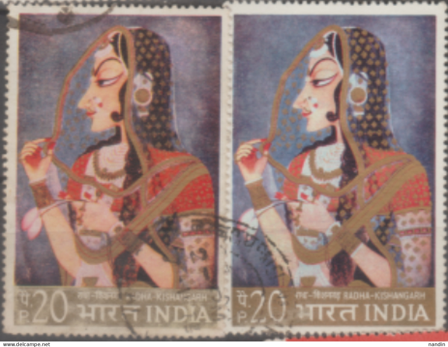 INDIA USED STAMP IN TWO DIFFERENT SHADES ON MINIATURE PAINTING/ RADHA KISHANGARH SCHOOL,1778 A,D, - Verzamelingen & Reeksen