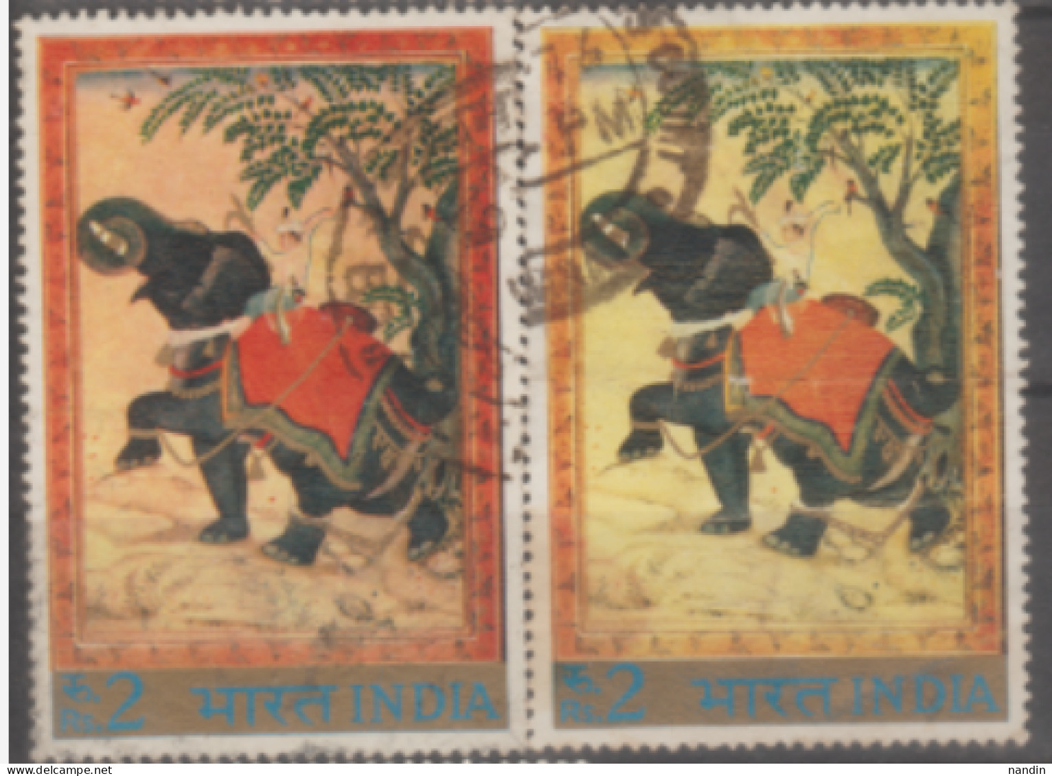 INDIA USED STAMP IN TWO DIFFERENT SHADES ON MINIATURE PAINTING/ CHAINED ELEPHANT(Jahangir's Period) - Lots & Serien