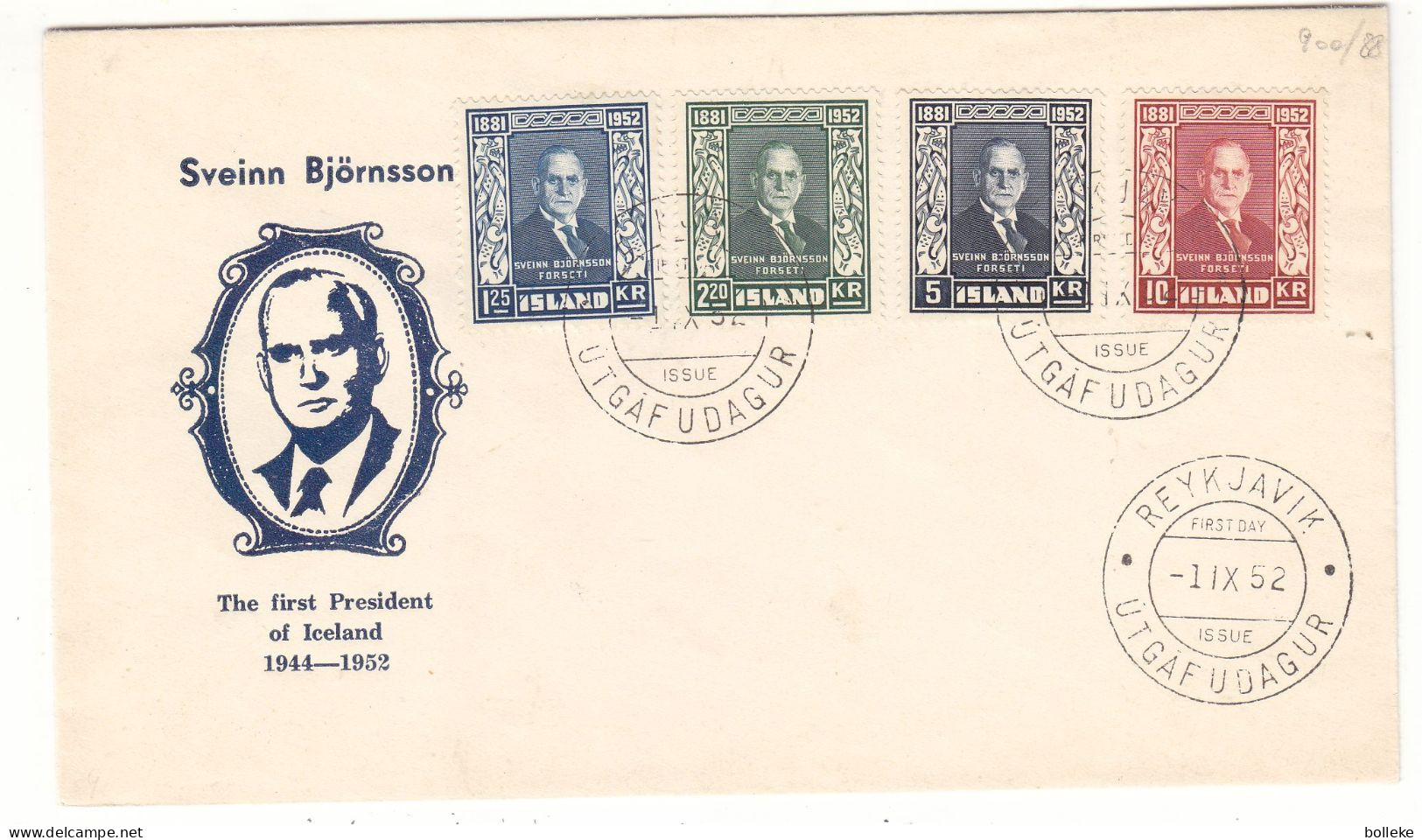 Islande - Lettre FDC De 1952 - Oblit Reykjavik - Président Björnsson - Valeur 50 Euros - - Briefe U. Dokumente