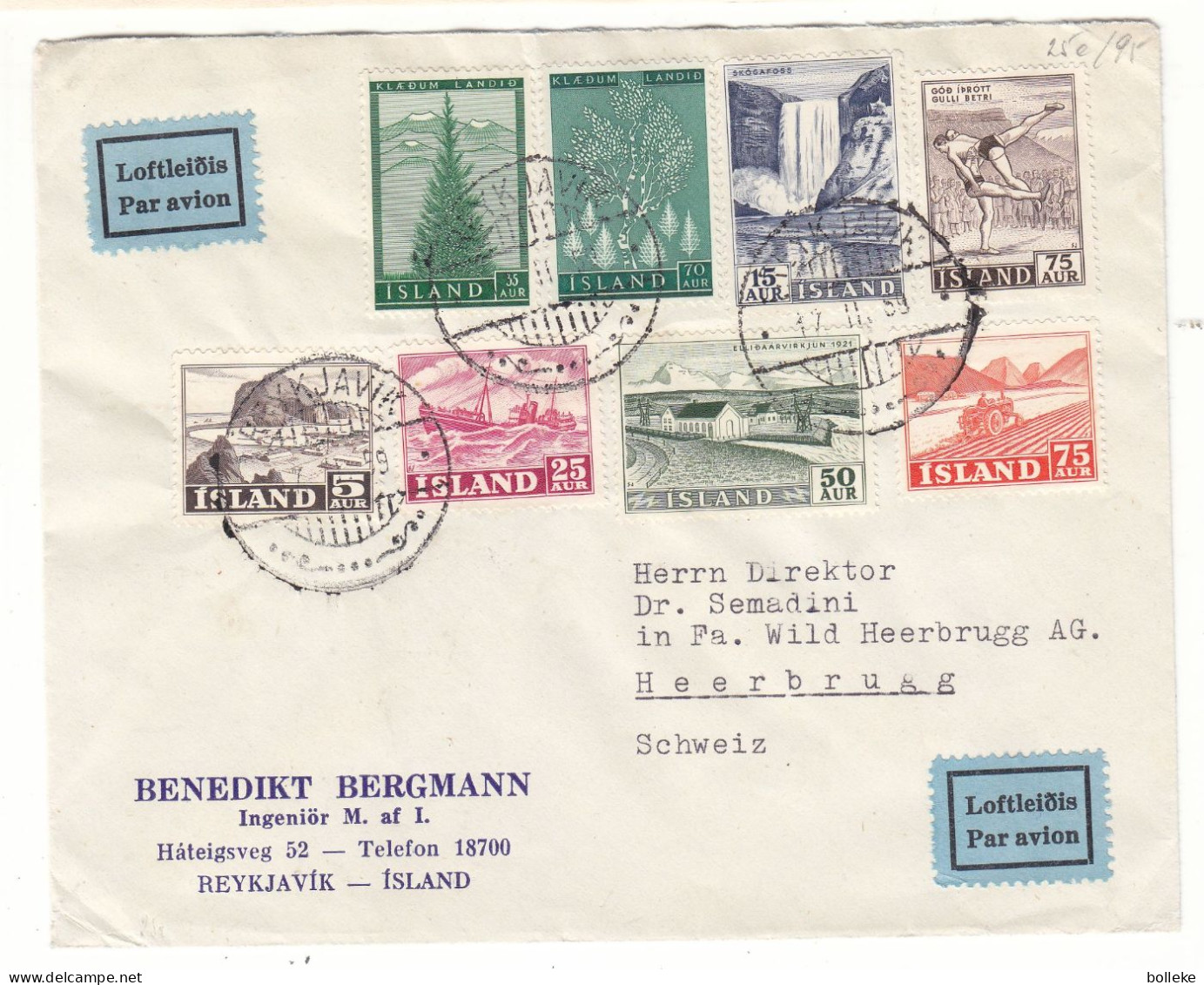 Islande - Lettre De 1958 ° - GF - Oblit Reykjavik - Chutes D'eaux - Arbres - Bateaux - Tracteurs - Sports - - Briefe U. Dokumente
