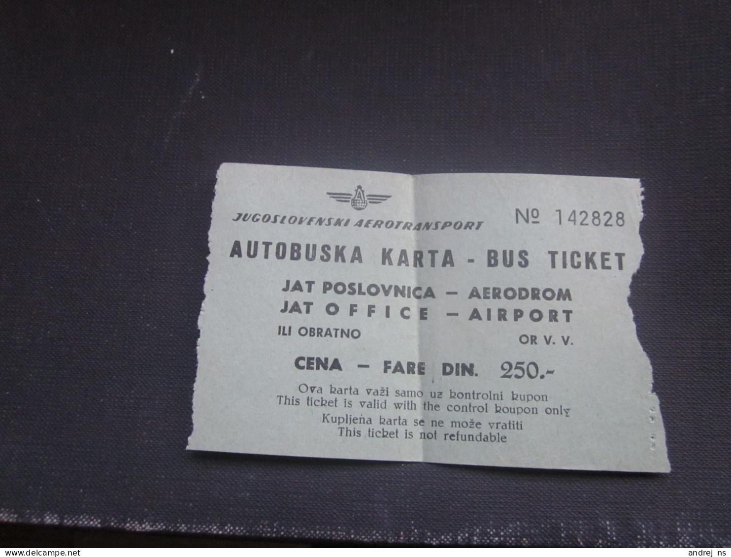 Bus Ticket Jugoslovenski Aerotransport  JAT Office Airport - Europe