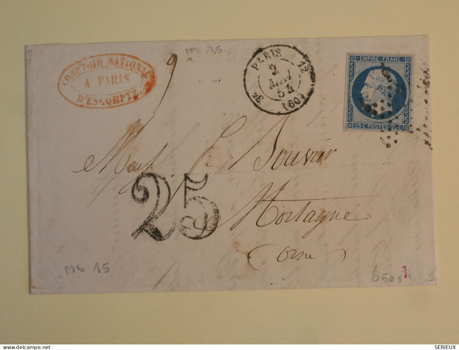 DC5 FRANCE BELLE LETTRE RARE GRIFFE COMPTOIR NAT. D ESCOMPTE  1854 ETOILE DE PARIS ++N°15  NAPOLEON 25C ++ - 1853-1860 Napoléon III.