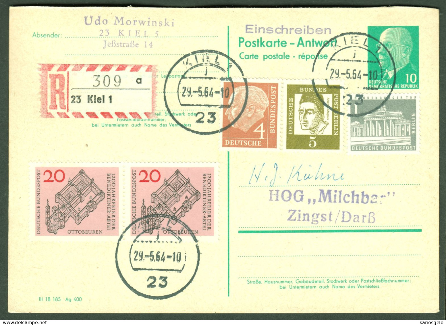DDR 1964 Antwort-GZS 10Pf Retour Aus Kiel + 40 Pf Marken Zusatzfrankierung Als Einschreiben - Cartes Postales - Oblitérées