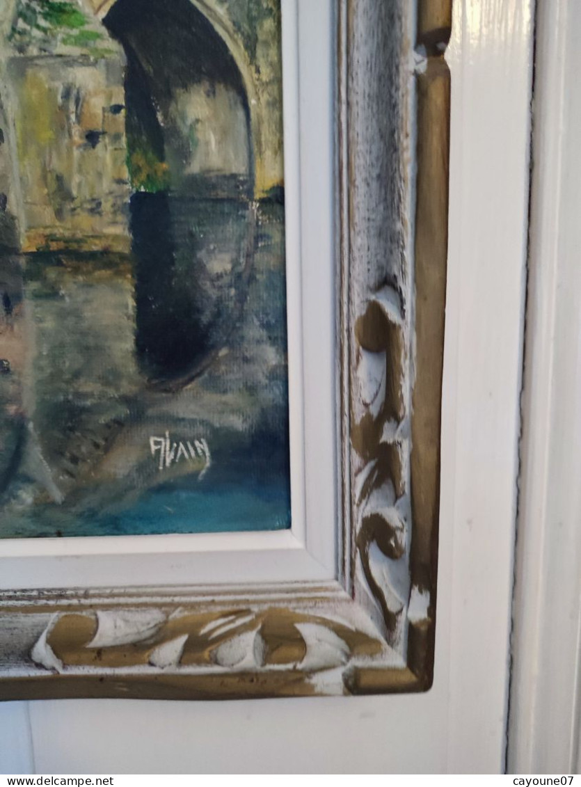 ALAIN huile sur panneau d'isorel "Paysage au vieux pont " école française XXème joli cadre Montparnasse