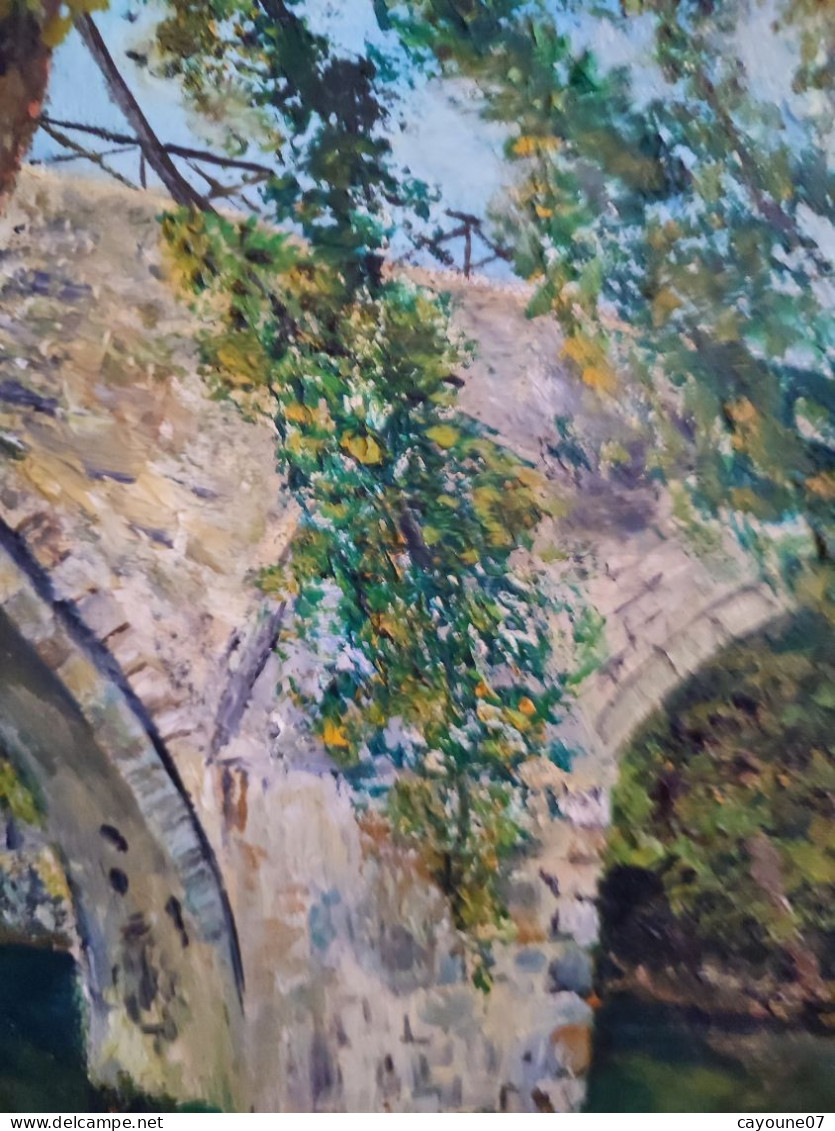 ALAIN huile sur panneau d'isorel "Paysage au vieux pont " école française XXème joli cadre Montparnasse