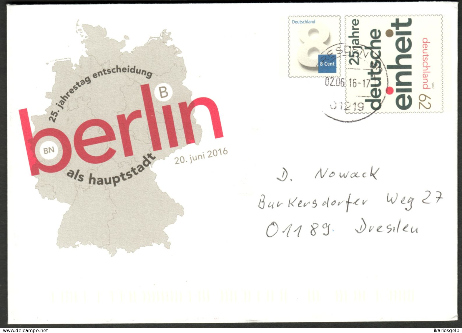 BUND 2016 62+8Pf-Umschlag O " 25.Jahrestag Entscheidung Berlin Als Hauptstadt " - Sobres - Usados