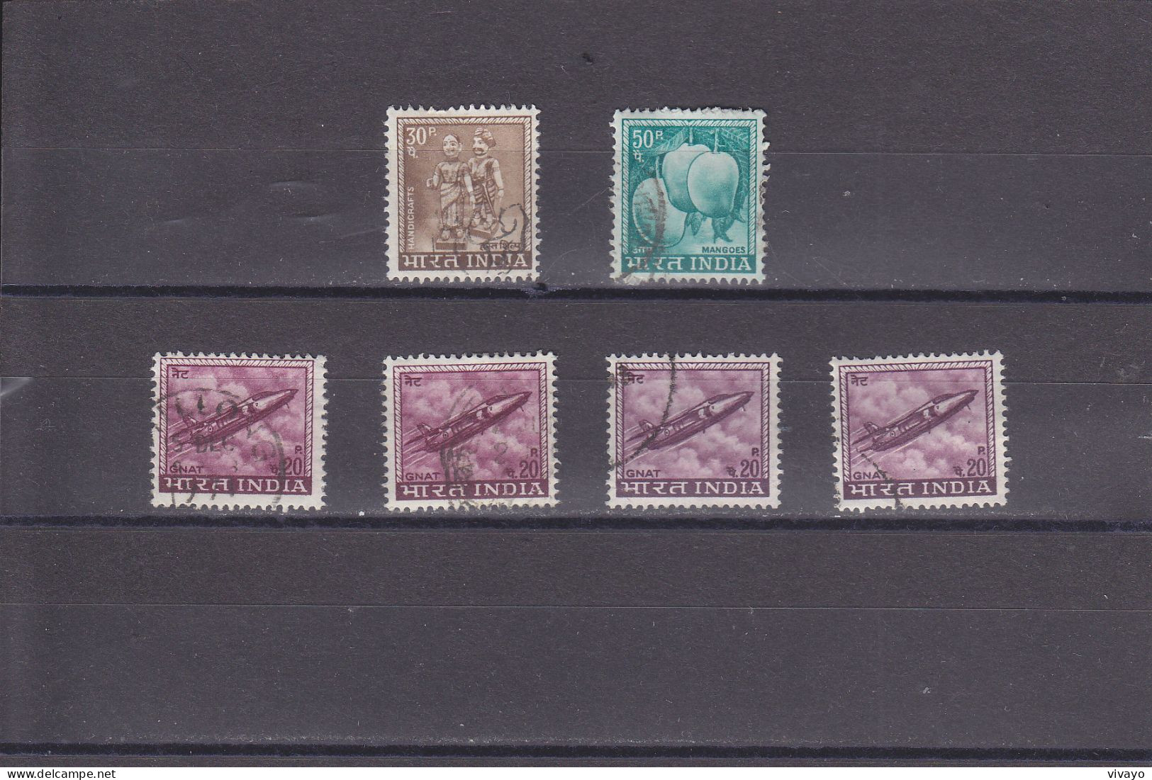INDIA - INDE - O / FINE CANCELLED - 1967 - DEFINTIVES - MANGO, PUPPETS, GNAT FIGHTER - Mi. 394, 395, 436 - Used Stamps