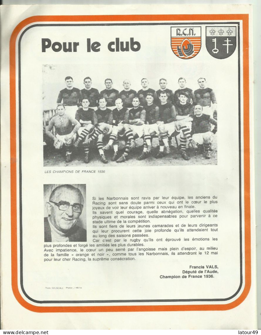 Narbonne   Rugby  R.C.N 1974 Numerote 80928 14 Pages 21  X 27 Cm - Rugby