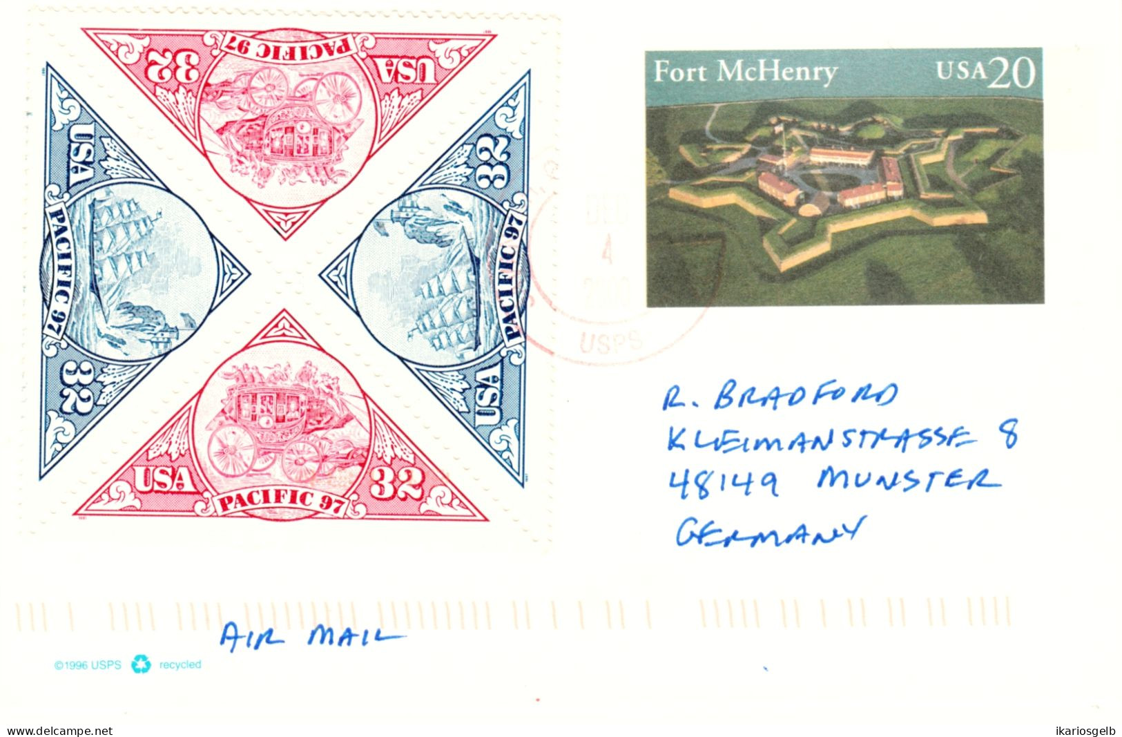 USA 2000 Ganzsache Postkarte 20c Fort McHenry + ZF Dreiecksmarken Viererblock PACIFIC 97 Airmail-Bedarf Nach D Münster - 1981-00