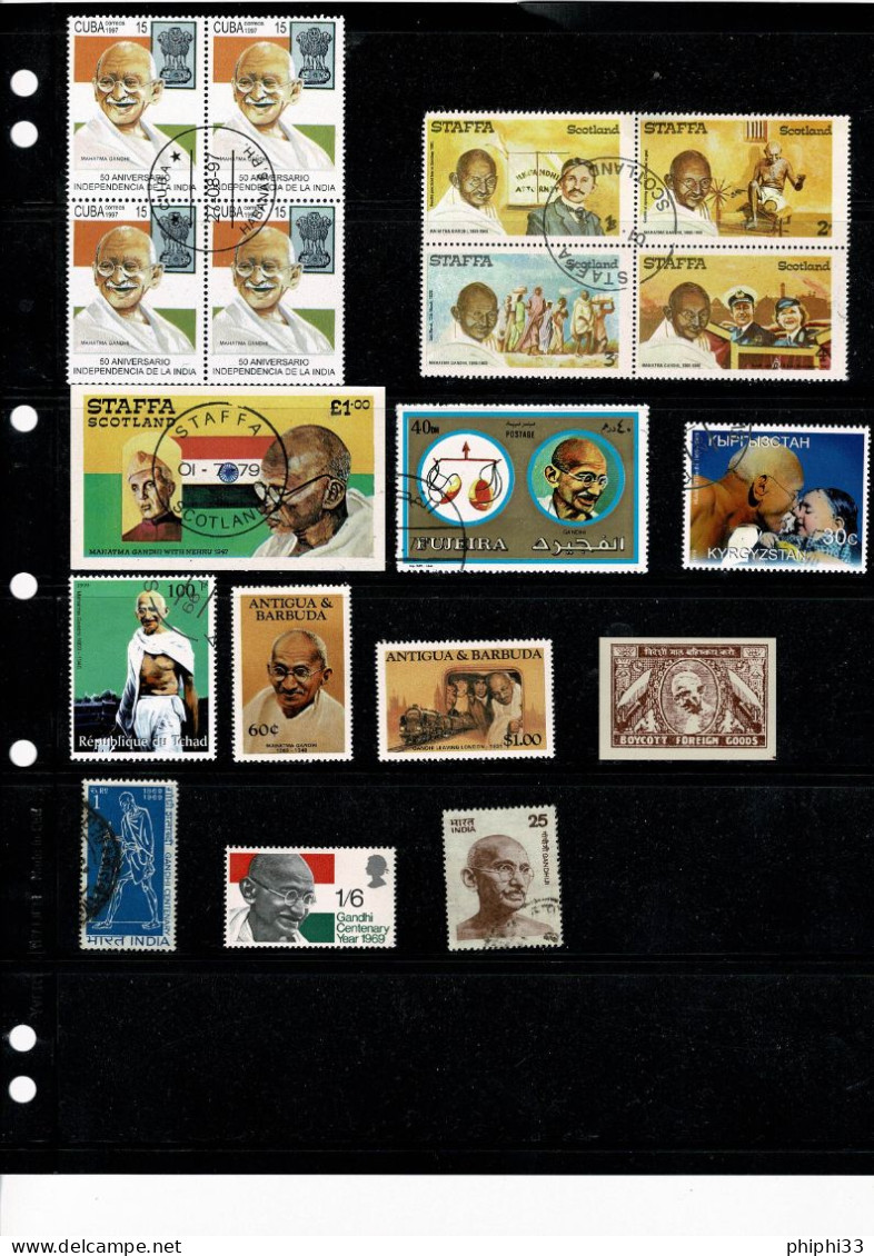 LOT DE 10 TIMBRES + DEUX BLOCS DE 4 - Mahatma Gandhi