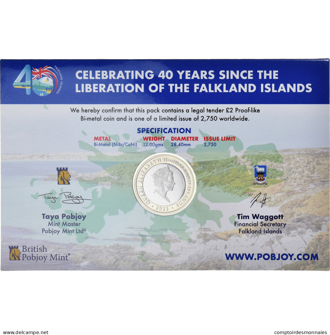 Monnaie, Îles Falkland, Two Pounds, 2022, Pobjoy Mint, 40éme Anniversaire De - Falklandinseln