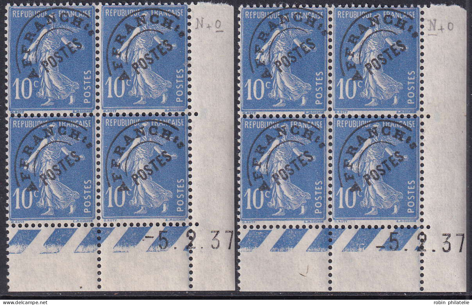 France Coins Datés Préoblitérés N°52 10c Semeuse Bleu 5-2-37 Les 2 Galvanos  Qualité:** - Precancels