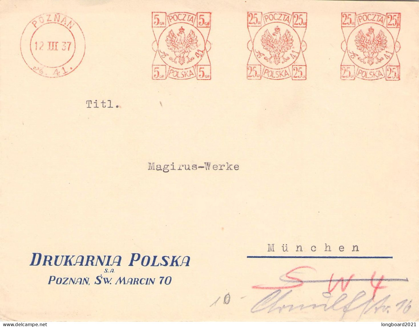 POLAND - FRAGMENT POZNAN 1937 - MÜNCHEN -METER- / 1232 - Cartas & Documentos