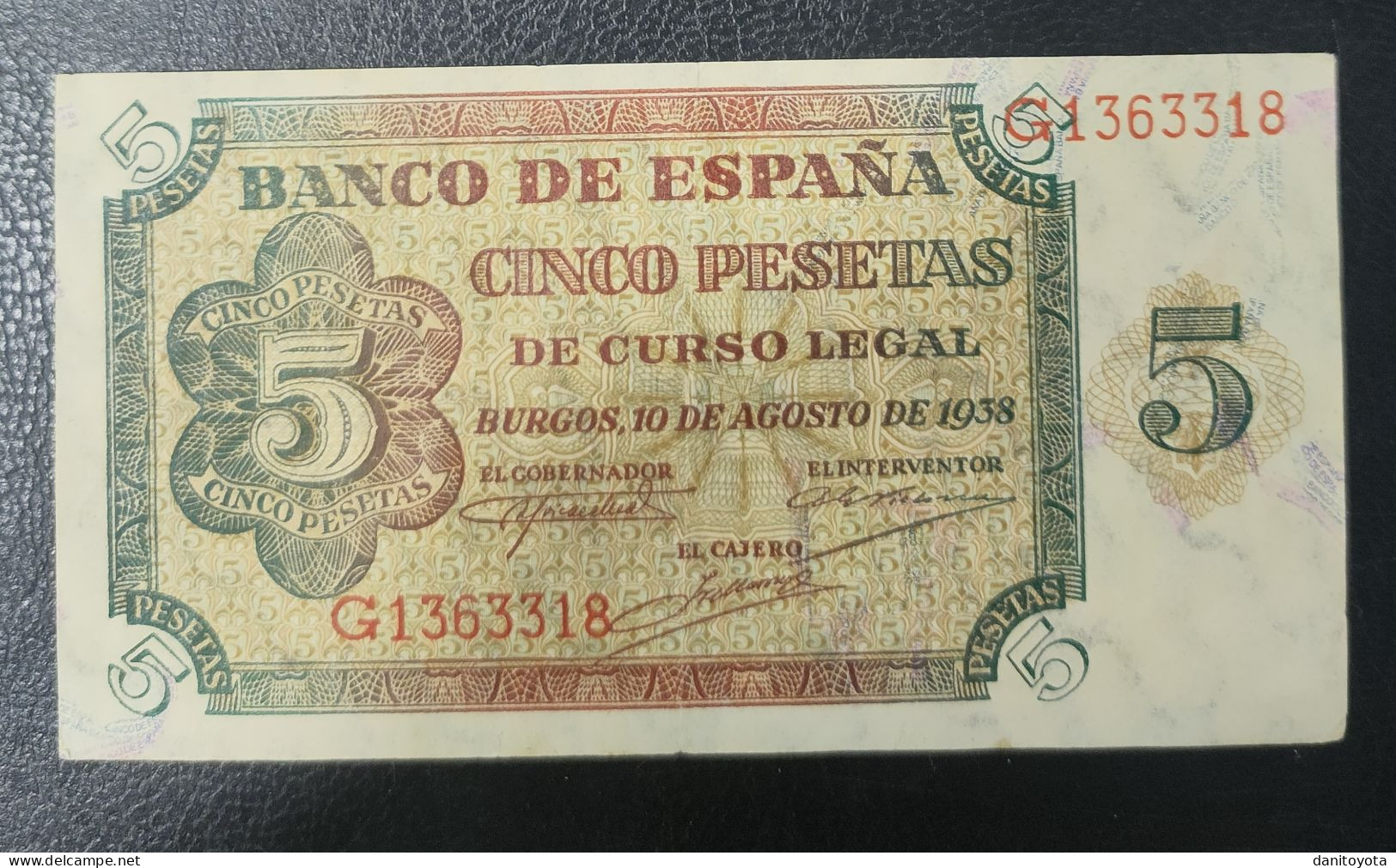 ESPAÑA. EDIFIL 435 A . 5 PTAS 10 DE AGOSTO DE 1938 SERIE G. CONSERVACIÓN.  MBC - 5 Pesetas