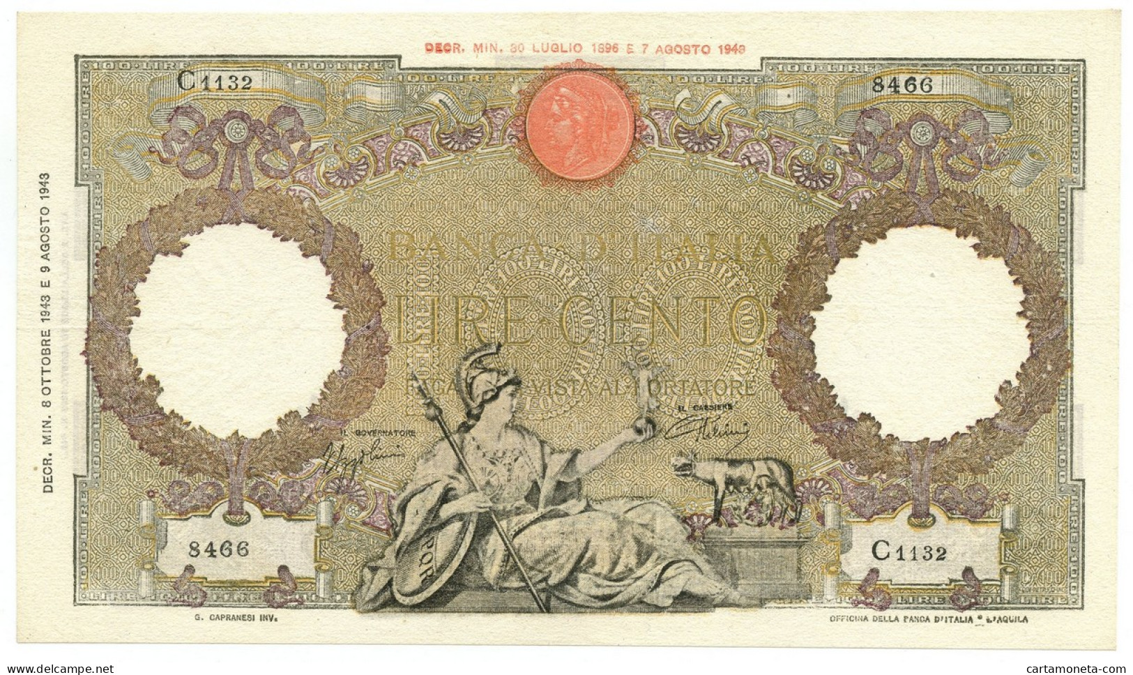 100 LIRE CAPRANESI AQUILA ROMANA TESTINA RETRO BI RSI 08/10/1943 SPL - Otros