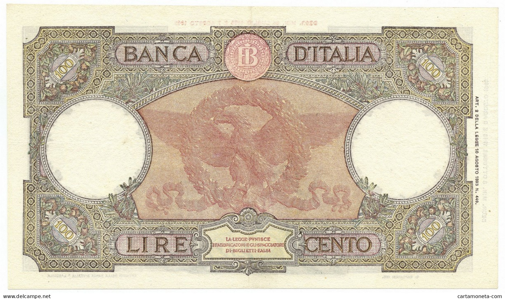 100 LIRE CAPRANESI AQUILA ROMANA TESTINA RETRO BI RSI 08/10/1943 SPL - Sonstige