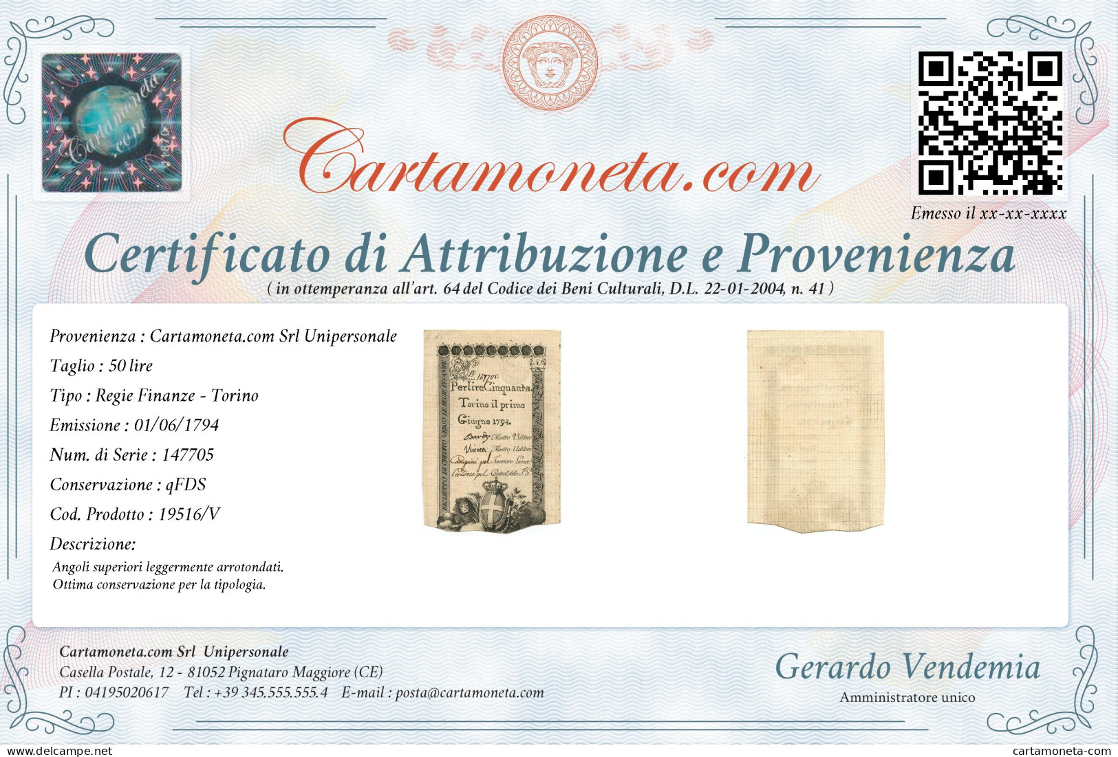 50 LIRE REGIE FINANZE TORINO REGNO DI SARDEGNA 01/06/1794 QFDS - Altri & Non Classificati