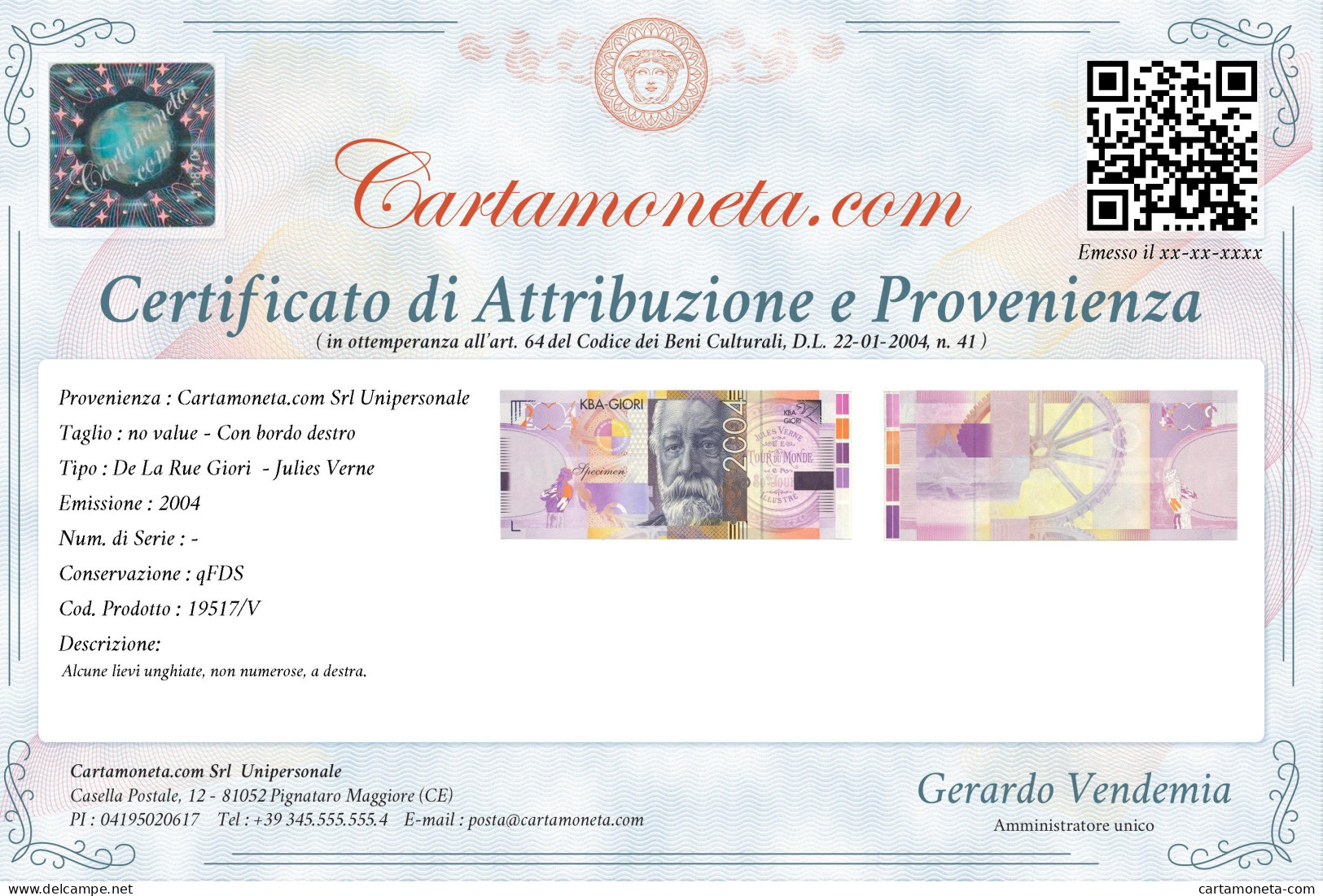 CAMPIONE SPECIMEN DE LA RUE GIORI JULIES VERNE CON BORDO DESTRO TOUR 2004 QFDS - [ 7] Errores & Variedades