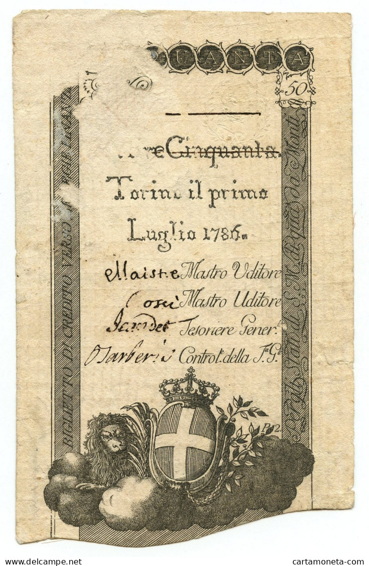 50 LIRE "USO CAMPIONE" REGIE FINANZE TORINO REGNO DI SARDEGNA 01/07/1786 BB - Autres & Non Classés