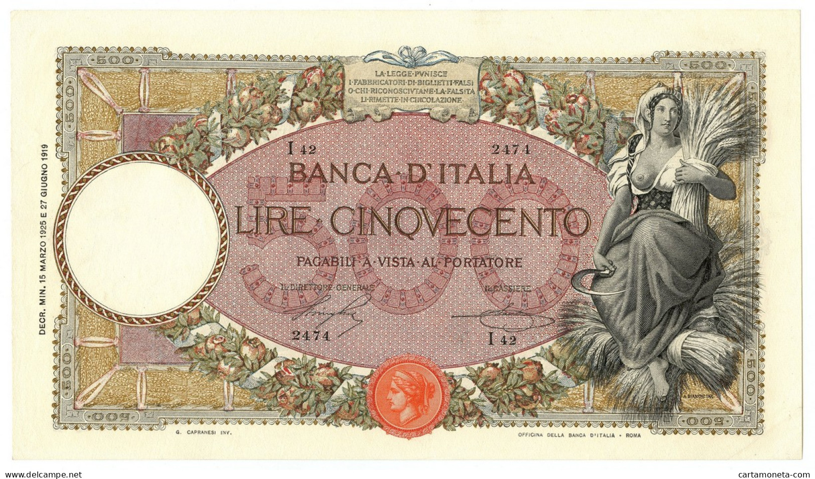 500 LIRE CAPRANESI MIETITRICE TESTINA DECRETO 15/03/1925 SPL- - Regno D'Italia – Other