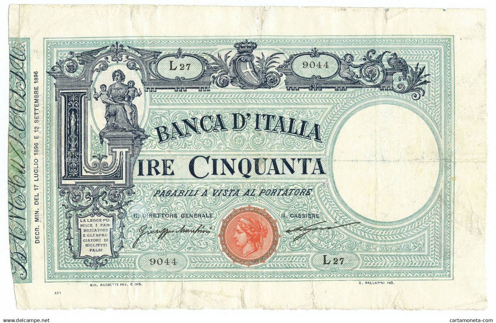 50 LIRE BARBETTI GRANDE L MATRICE LATERALE REGNO UMBERTO I 12/09/1896 MB+ - Regno D'Italia – Autres