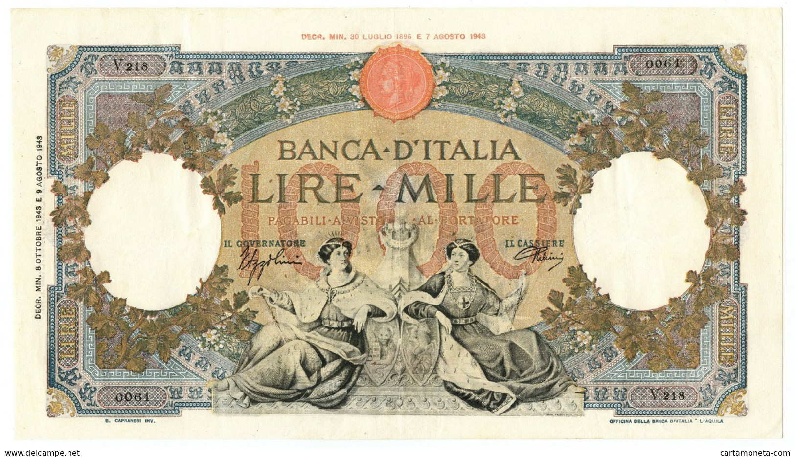 1000 LIRE CAPRANESI REPUBBLICHE MARINARE REGINE RETRO BI RSI 08/10/1943 SPL - Regno D'Italia – Autres