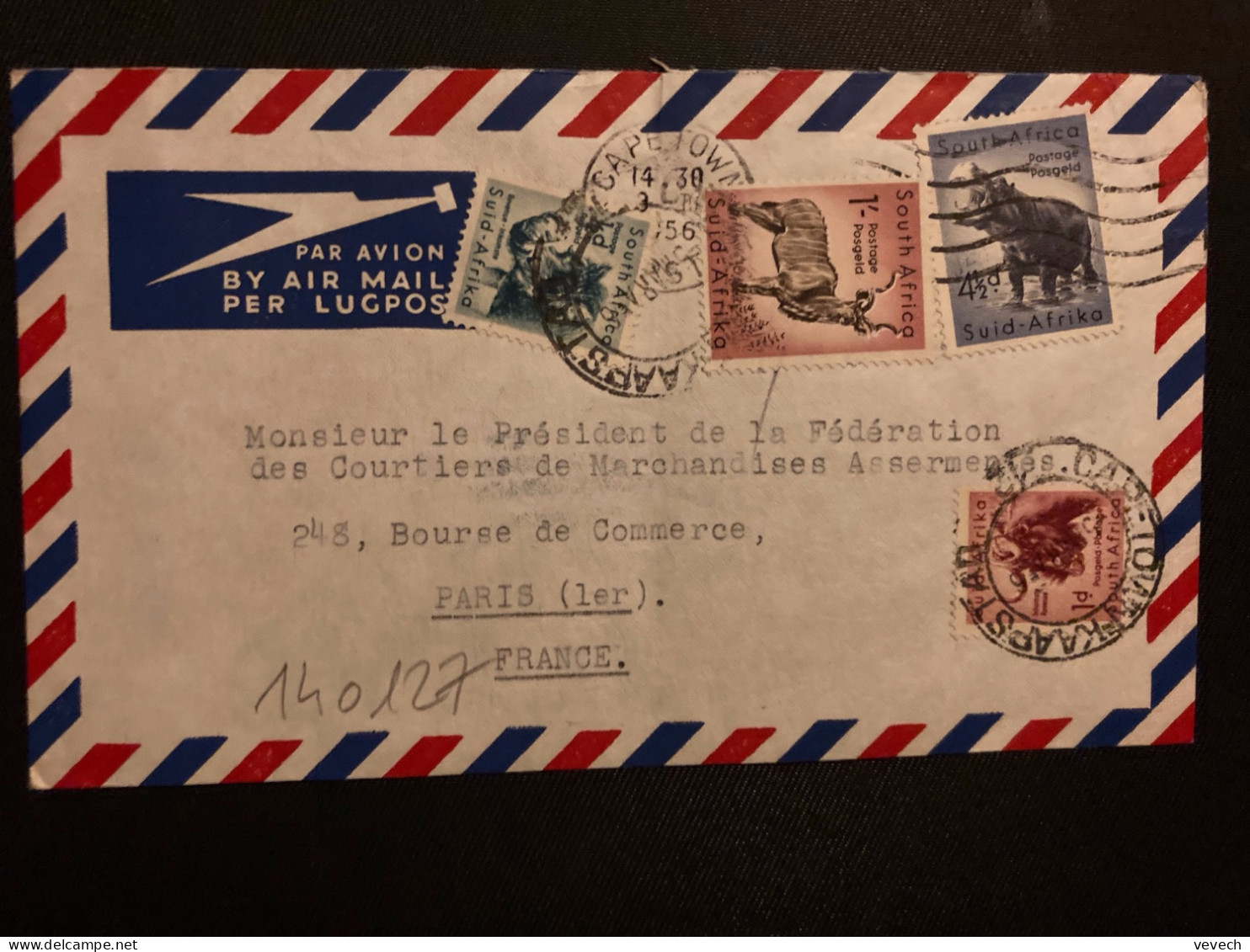 LETTRE Par Avion Pour La FRANCE TP ANIMAUX 4 1/2d OBL.MEC.2 III 1956 CAP TOWN + TP 1d + 1/ + 1/2d OBL.5 MAR 56 - Nouvelle République (1886-1887)