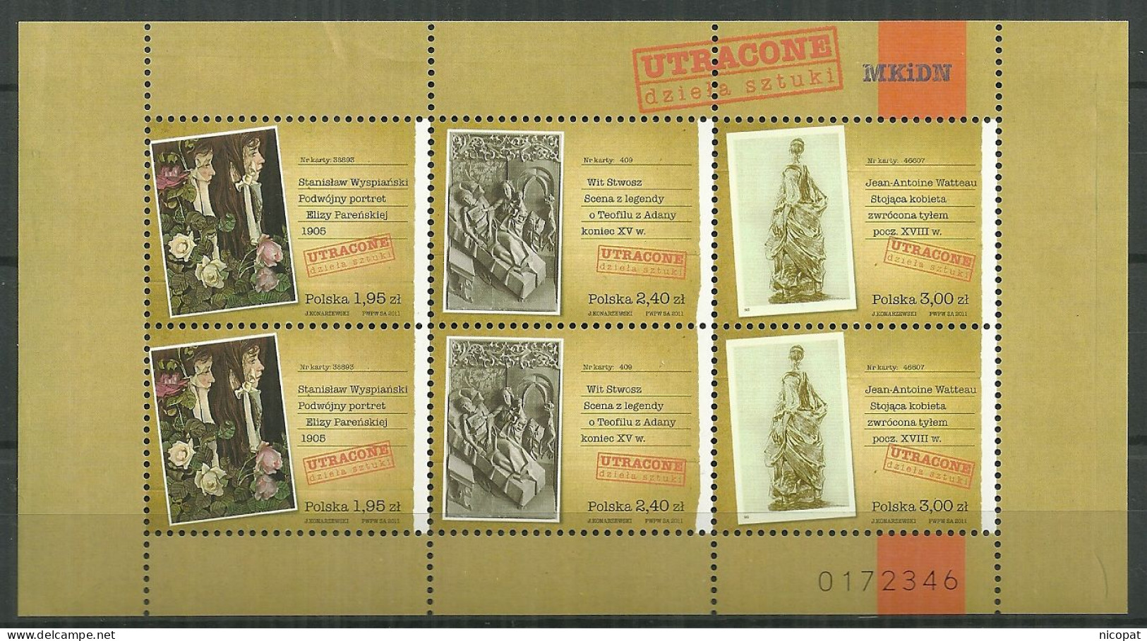 POLAND MNH ** 4255-4257 En Bloc Objets D'art Perdus Eliza De Wyspianski. Stoss. Watteau. Peintre Peinture Sculpture Scul - Fogli Completi