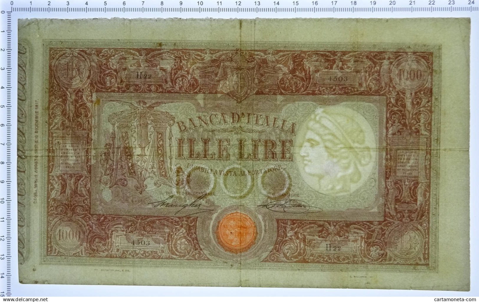 1000 LIRE BARBETTI GRANDE M MATRICE LATERALE TESTINA DECRETO 01/08/1917 BB - Andere