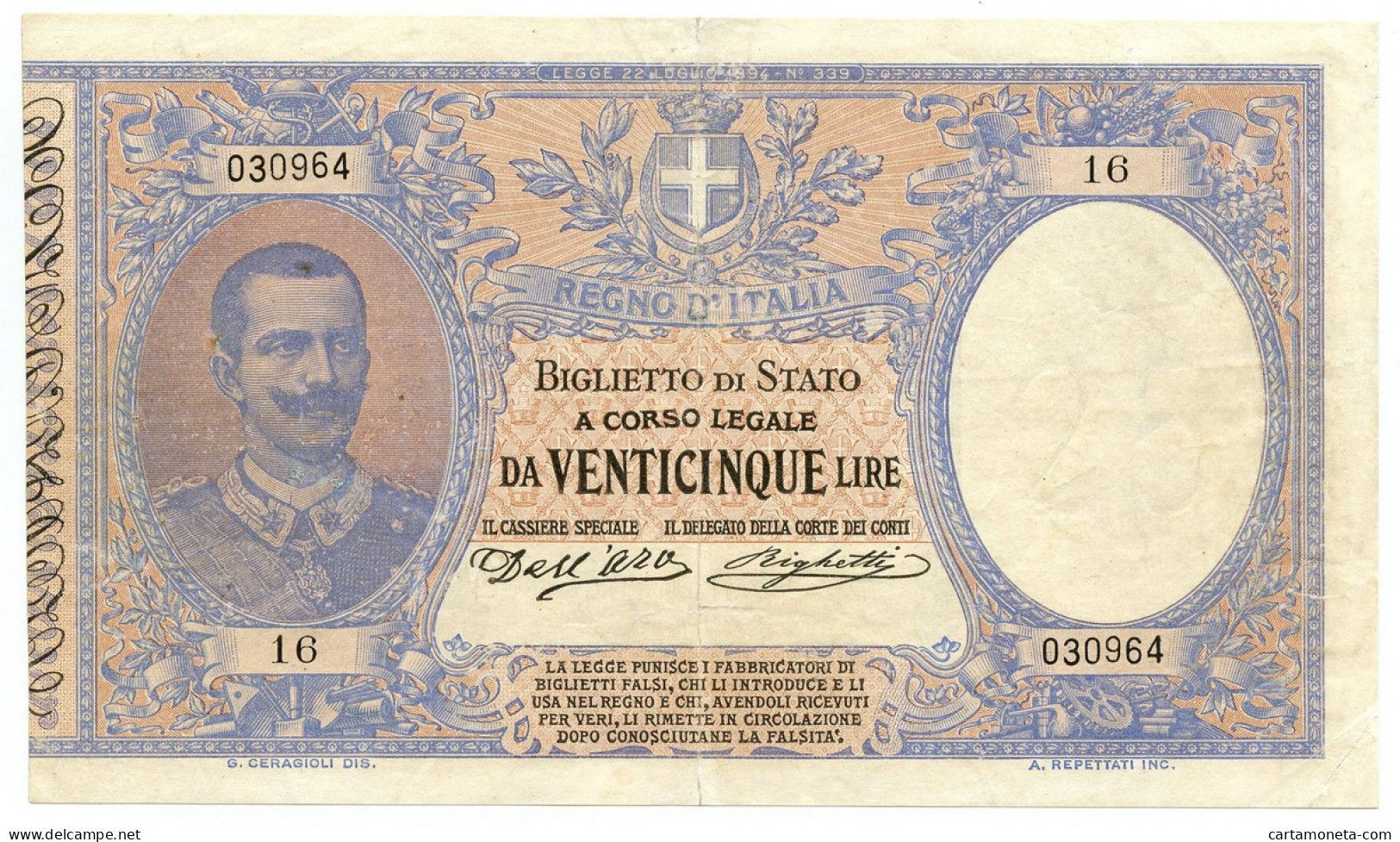 25 LIRE BIGLIETTO DI STATO EFFIGE VITTORIO EMANUELE III 23/03/1902 BB+ - Otros