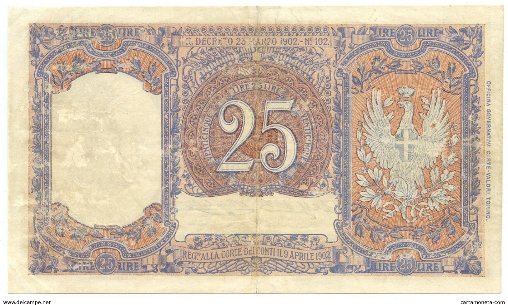 25 LIRE BIGLIETTO DI STATO EFFIGE VITTORIO EMANUELE III 23/03/1902 BB+ - Regno D'Italia – Other