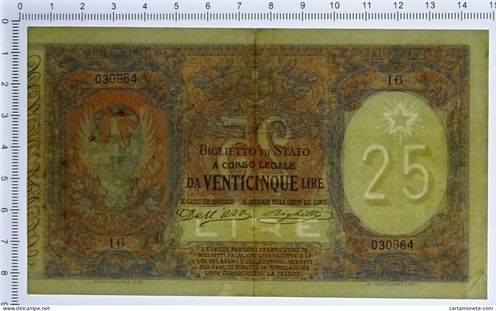 25 LIRE BIGLIETTO DI STATO EFFIGE VITTORIO EMANUELE III 23/03/1902 BB+ - Sonstige