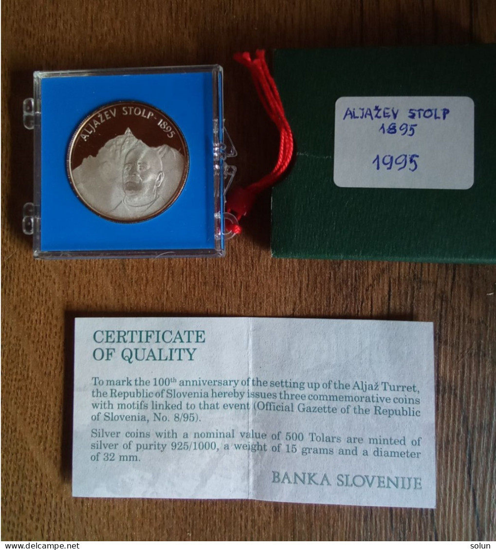 500 Tolar Tolarjev 1995 ALJAŽEV STOLP Srebrnik Silver Coin - Slowenien