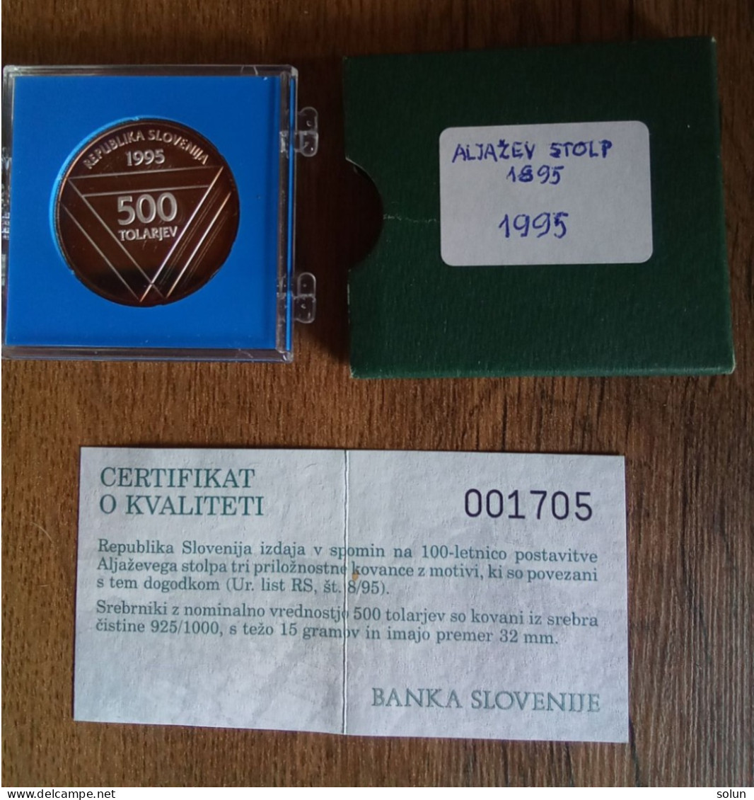 500 Tolar Tolarjev 1995 ALJAŽEV STOLP Srebrnik Silver Coin - Slovenia