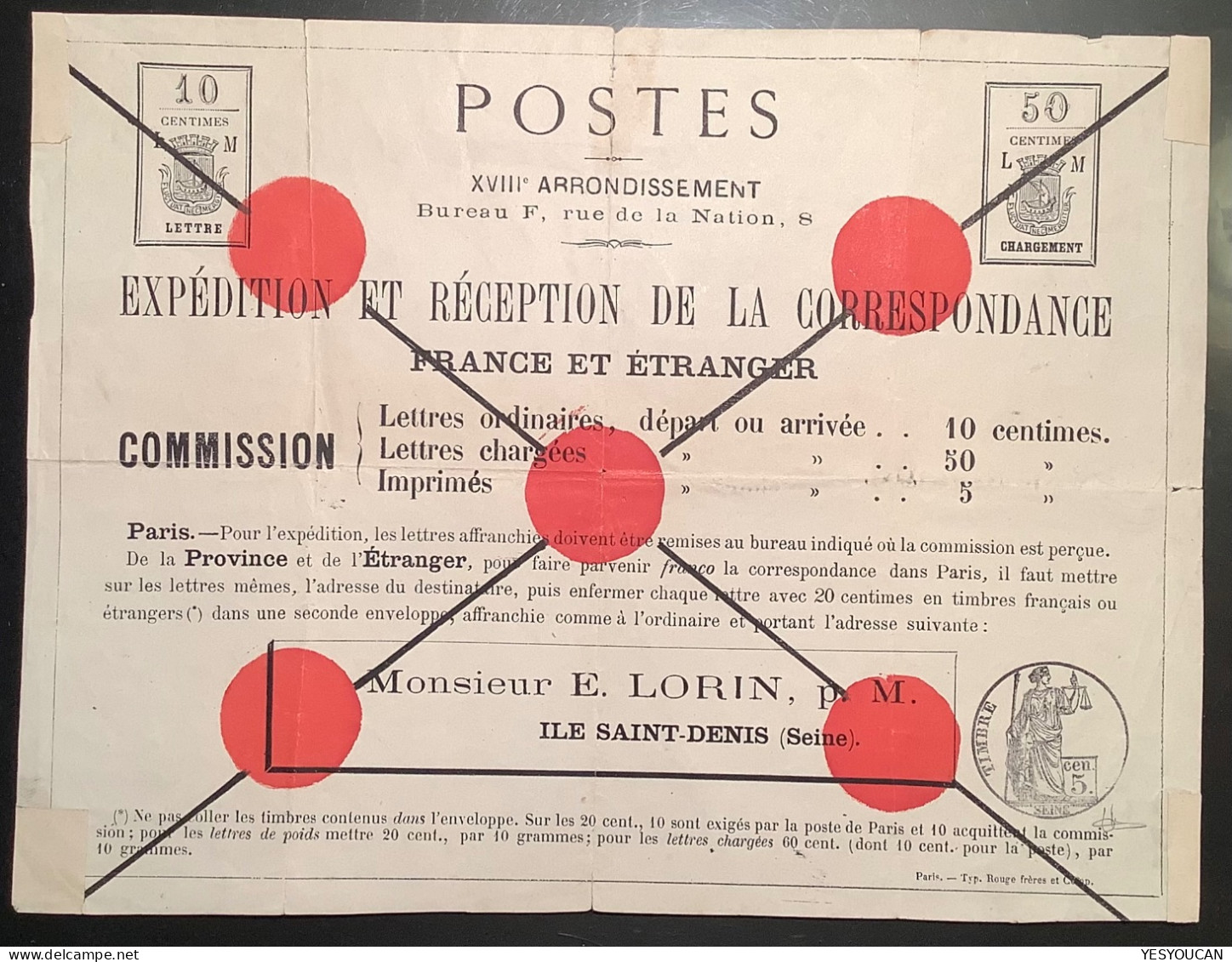 France 1871 Affiche Originale RRR ! Période Commune De Paris Agence Postale Lorin Timbre Poste Locale (fiscal Local Post - Guerre De 1870