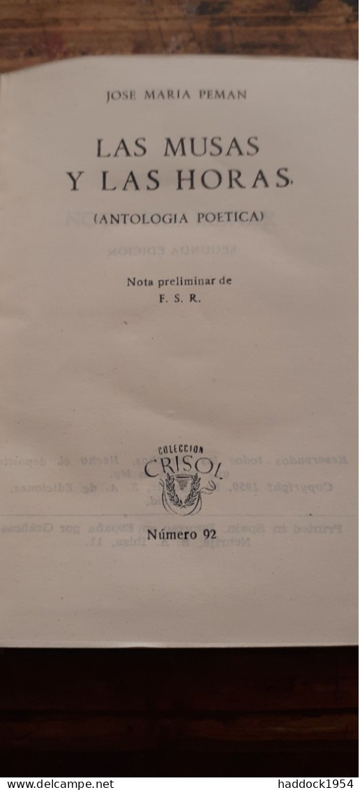 Las Musas Y Las Horas JOSE MARIA PEMAN Aguilar 1950 - Poesía