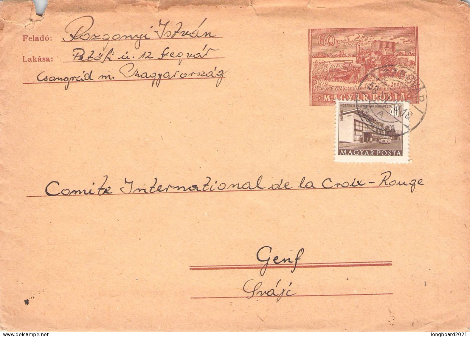 HUNGARY - ENVELOPE 60f - GENF/CH Mi U30a / 1245 - Postal Stationery