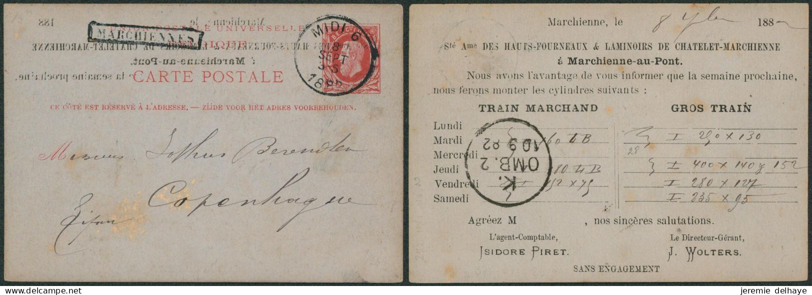 EP Au Type 10ctm Rouge Obl Ambulant "Midi 6" (1882) + Griffe Encadrée MARCHIENNES > Copenhagen (Danemark) / Repiquage - Bahnpoststempel