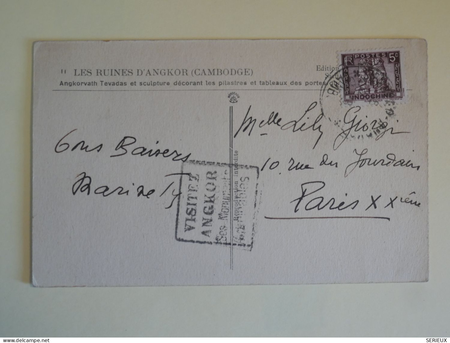 DC6 INDOCHINE BELLE CARTE  1938   ANGKOR  A PARIS FRANCE ++AFF. INTERESSANT+  ++ - Briefe U. Dokumente