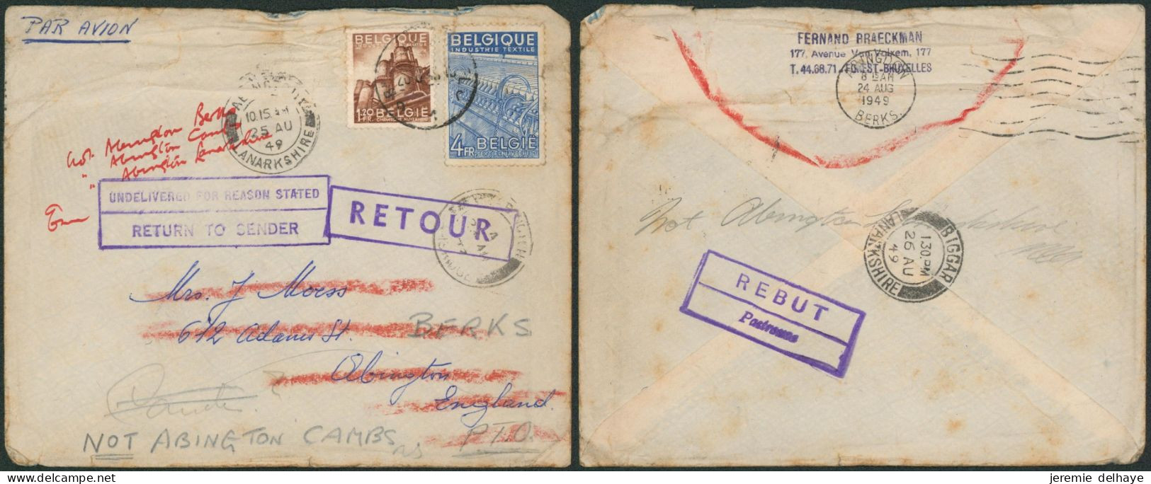 Exportation - N°767 Et 771 Sur Lettre Par Avion De Bruxelles (1949) > Abington (England) / Return To Sender, Retour, Reb - 1948 Exportation